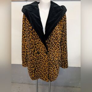 Vintage Animal Leopard Print Velvet Hooded 80s Coat
